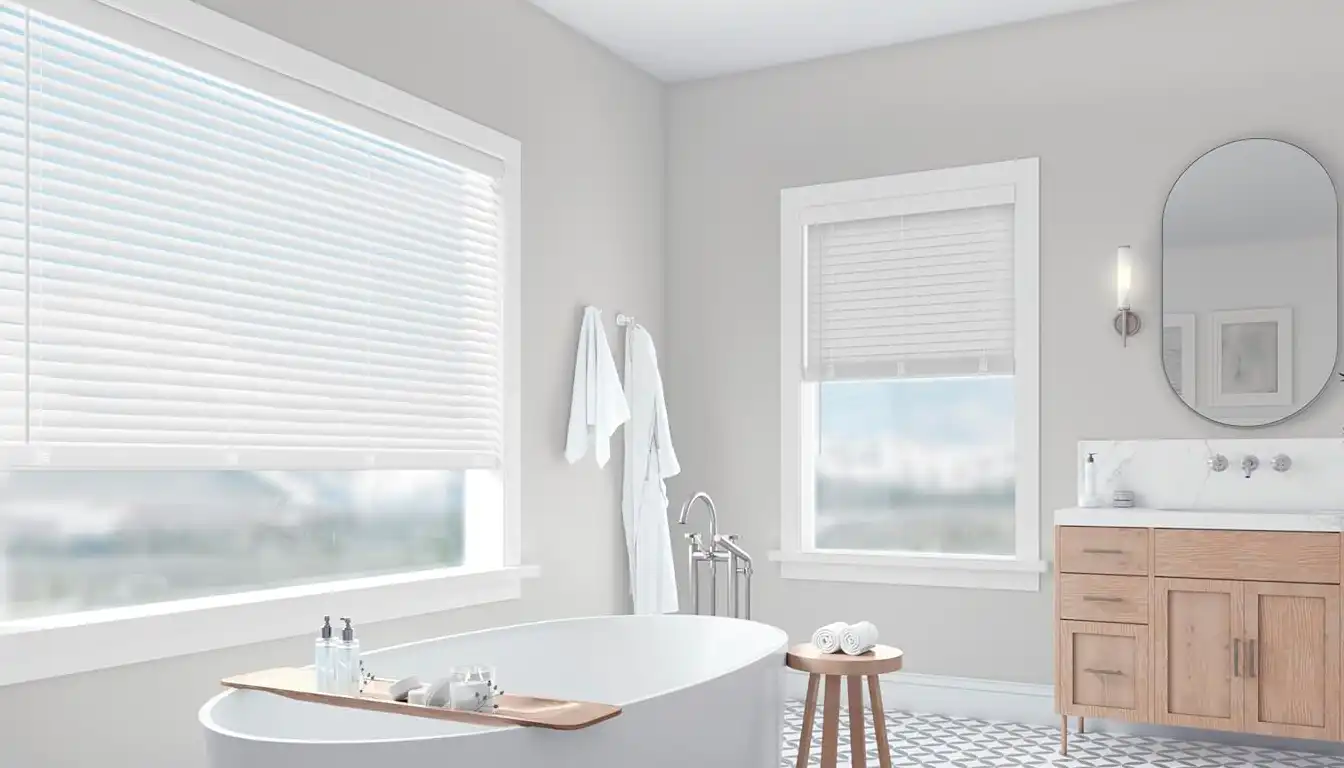 Custom-fit cellular shades installed on a white Andersen 400 series casement window.