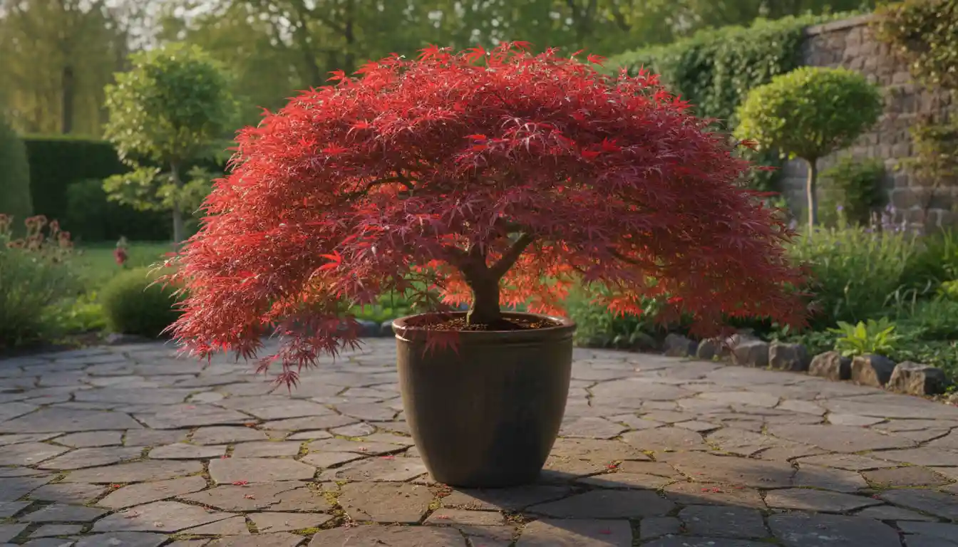 A vibrant red Bloodgood Japanese maple tree with deeply lobed leaves flourishing in a dark ceramic container on a stone patio.