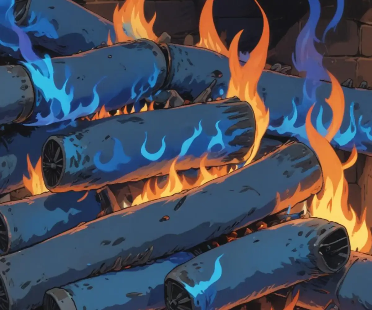 Close-up of a gas fireplace burner showing a vibrant blue flame with small, flickering orange tips on the ends.