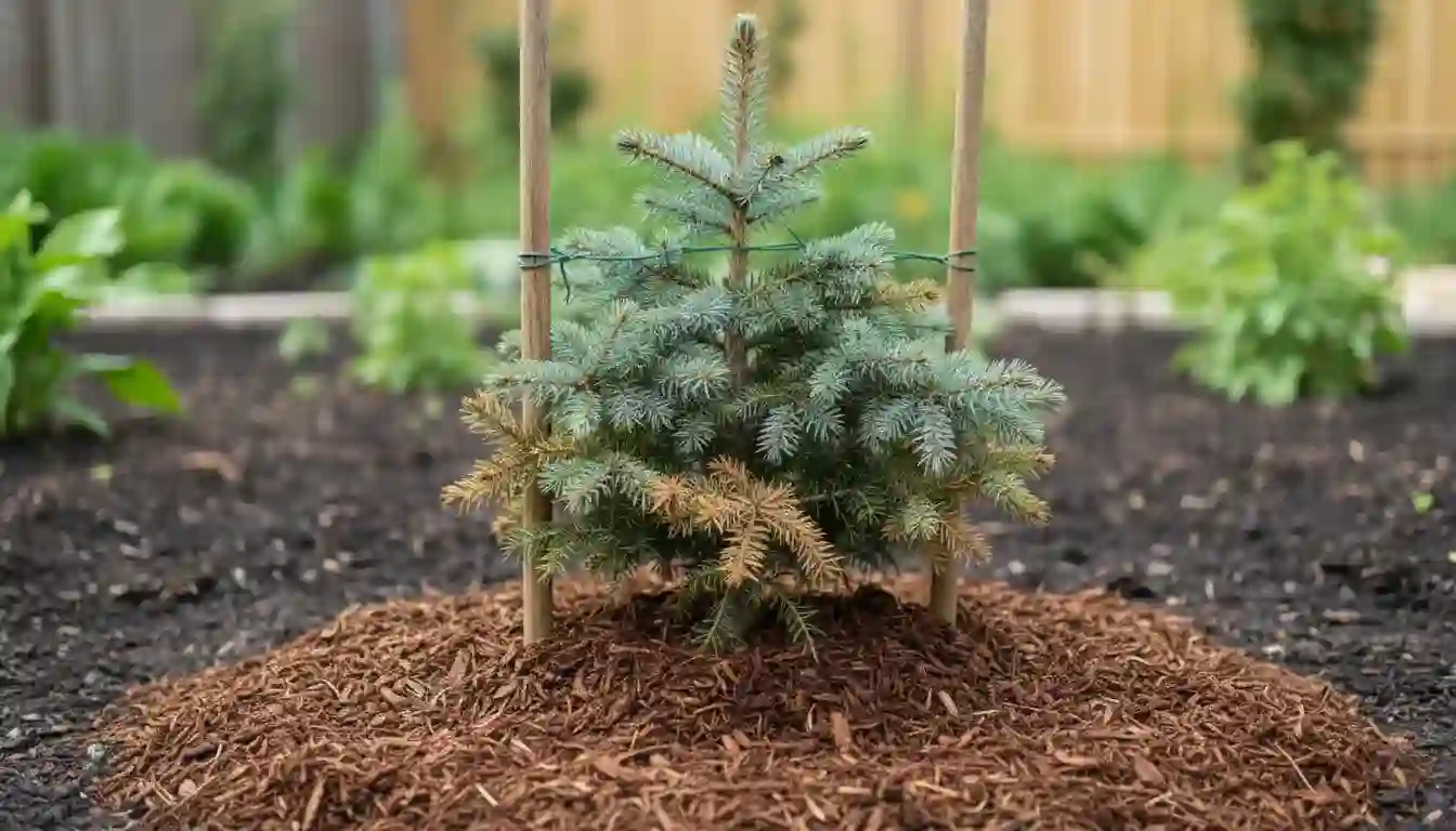 A newly transplanted blue spruce sapling in a garden, showing signs of stress with slight browning on the tips of its needles, surrounded by fresh mulch.
