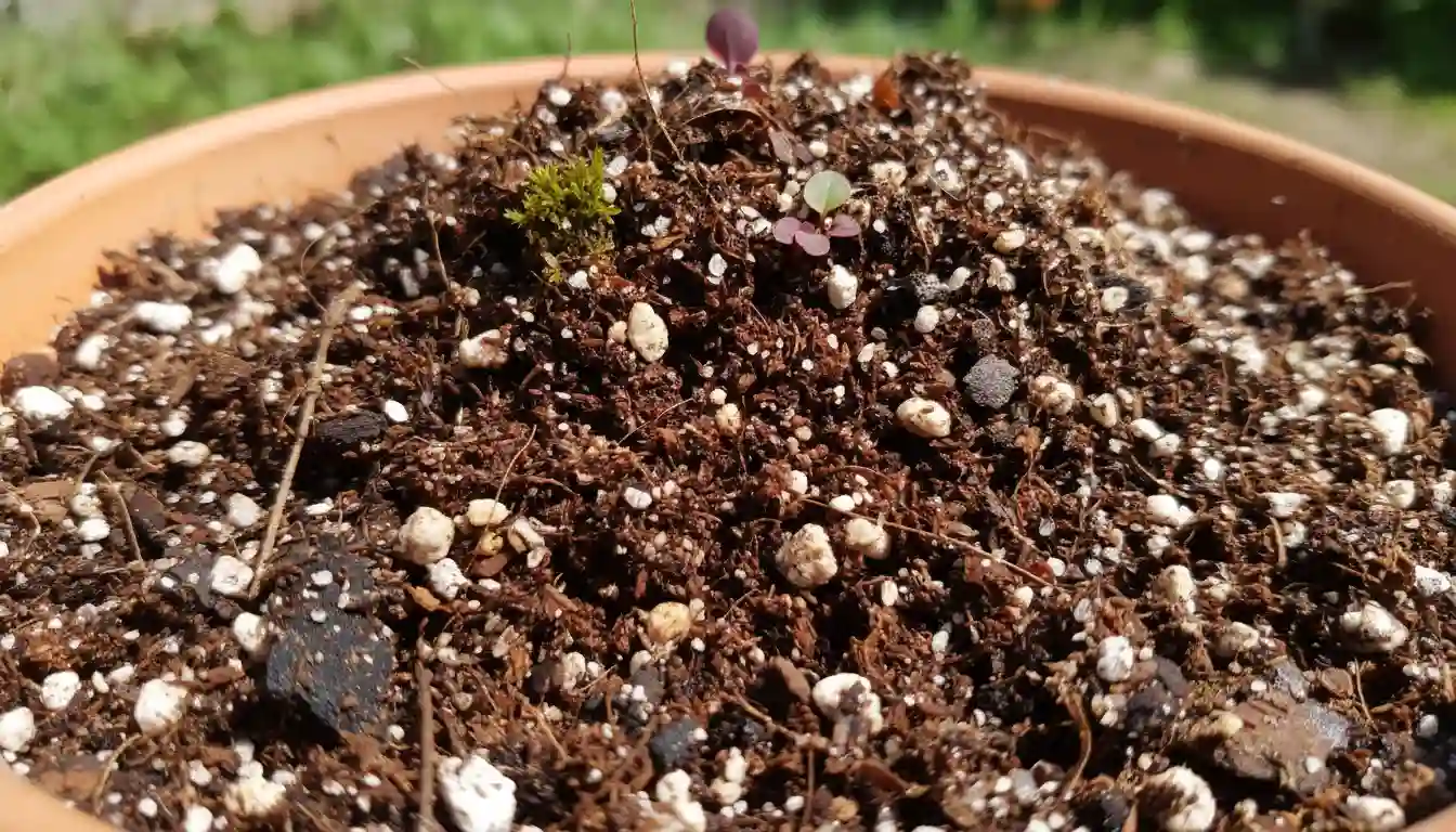 A close-up of a specialized soil mix for acid-loving plants, showing a blend of dark compost, topsoil, and mineral sands.