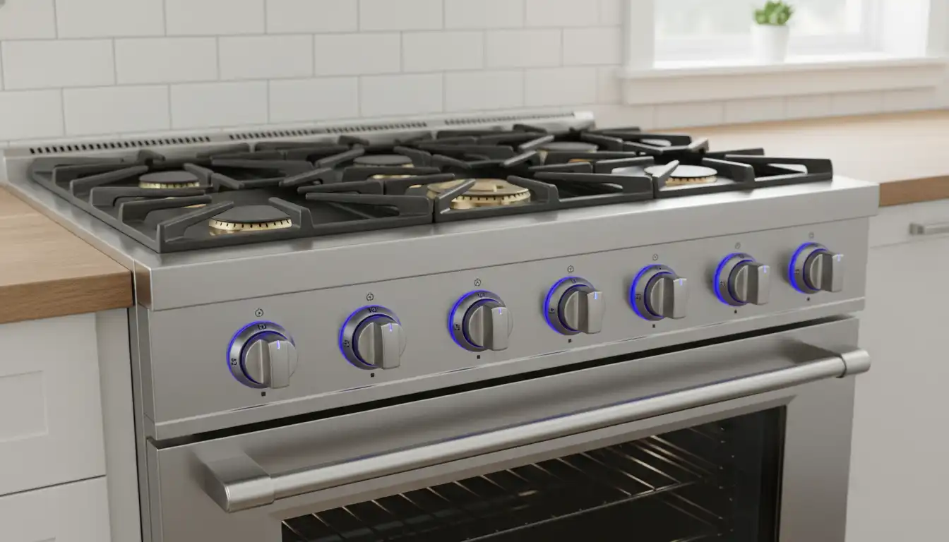 A modern stainless steel gas range with distinctive blue control knobs and heavy-duty iron grates.