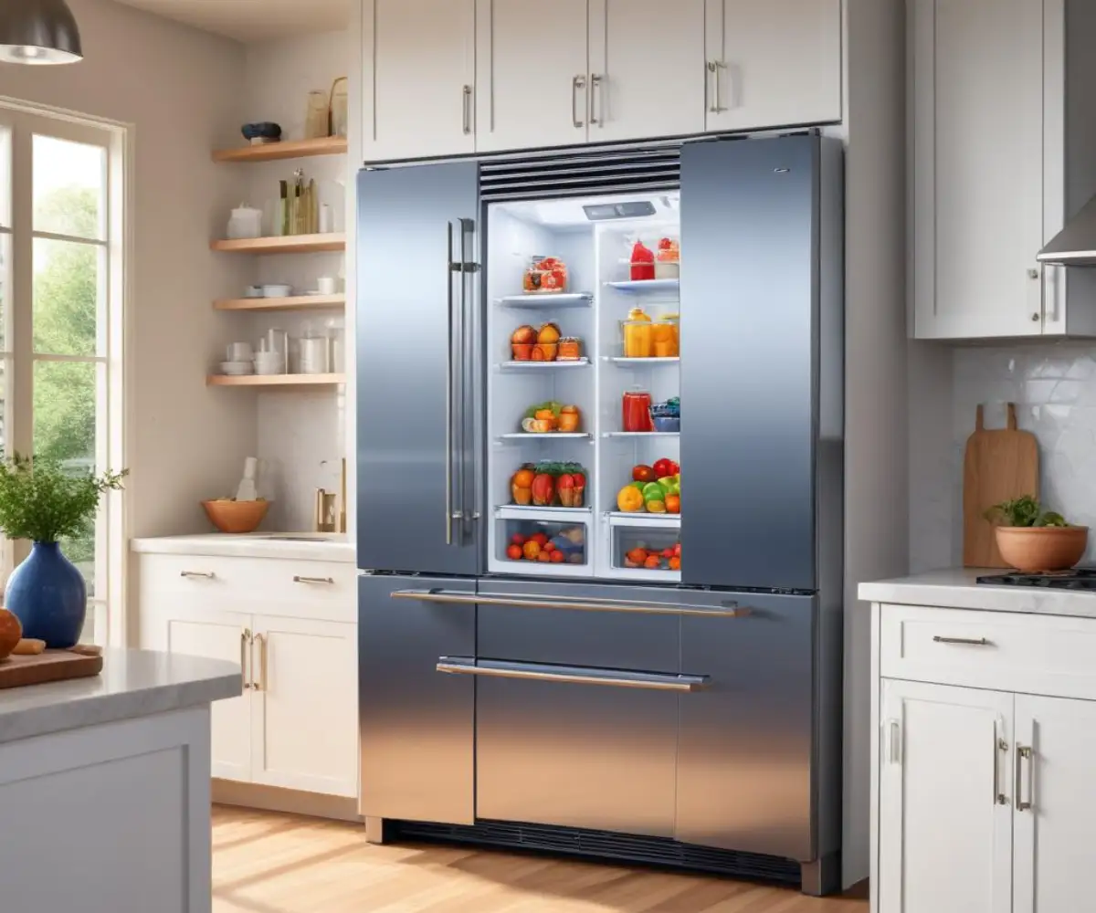 A stainless steel, built-in Bluestar refrigerator with French doors, set inside a modern kitchen with white cabinets.