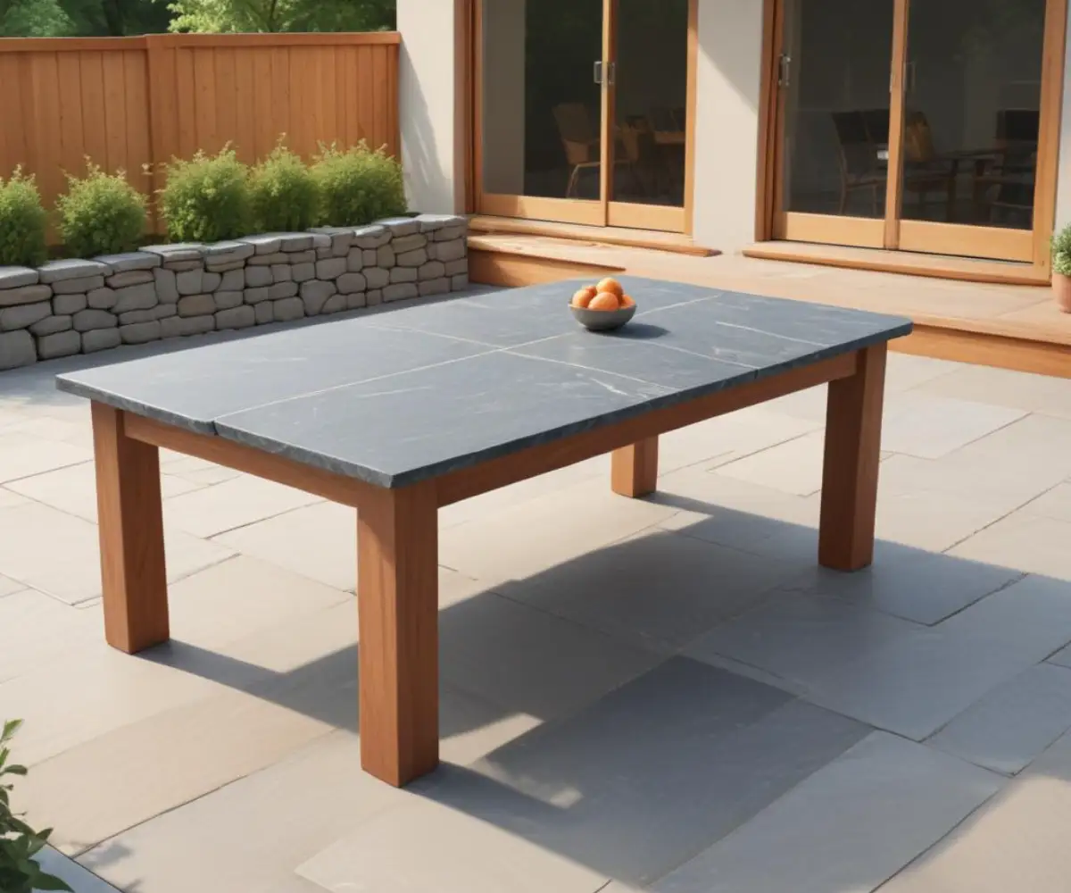 A rectangular bluestone table top with a textured, natural stone finish, resting on a simple wooden frame in an outdoor patio setting.