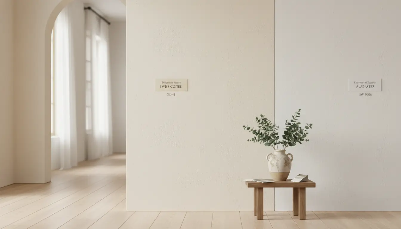 Side-by-side comparison of warm, creamy Swiss Coffee and soft, neutral Alabaster paint swatches on a lightly textured wall.