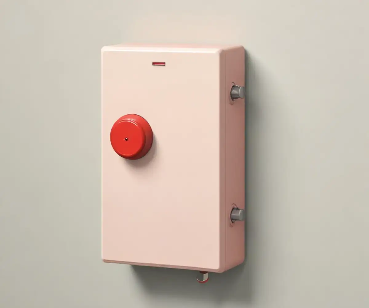 A red, wall-mounted emergency boiler shut off switch with a protective cover, located outside a utility room.