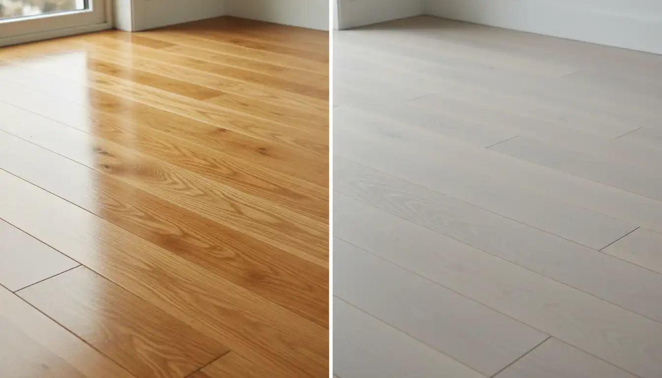 Side-by-side comparison of a classic blonde sealant and a natural raw-look sealant on hardwood floor planks.