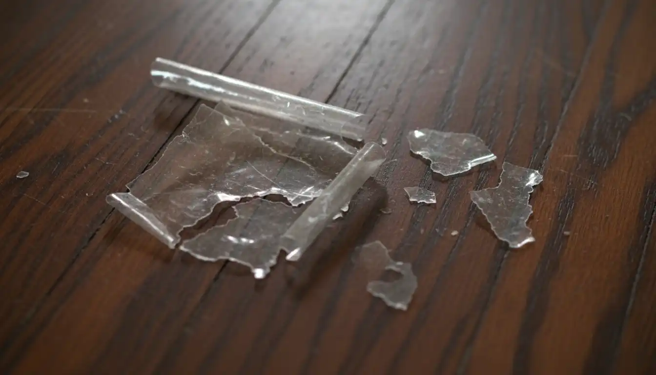Close-up of a wood floor with a peeling polyurethane finish