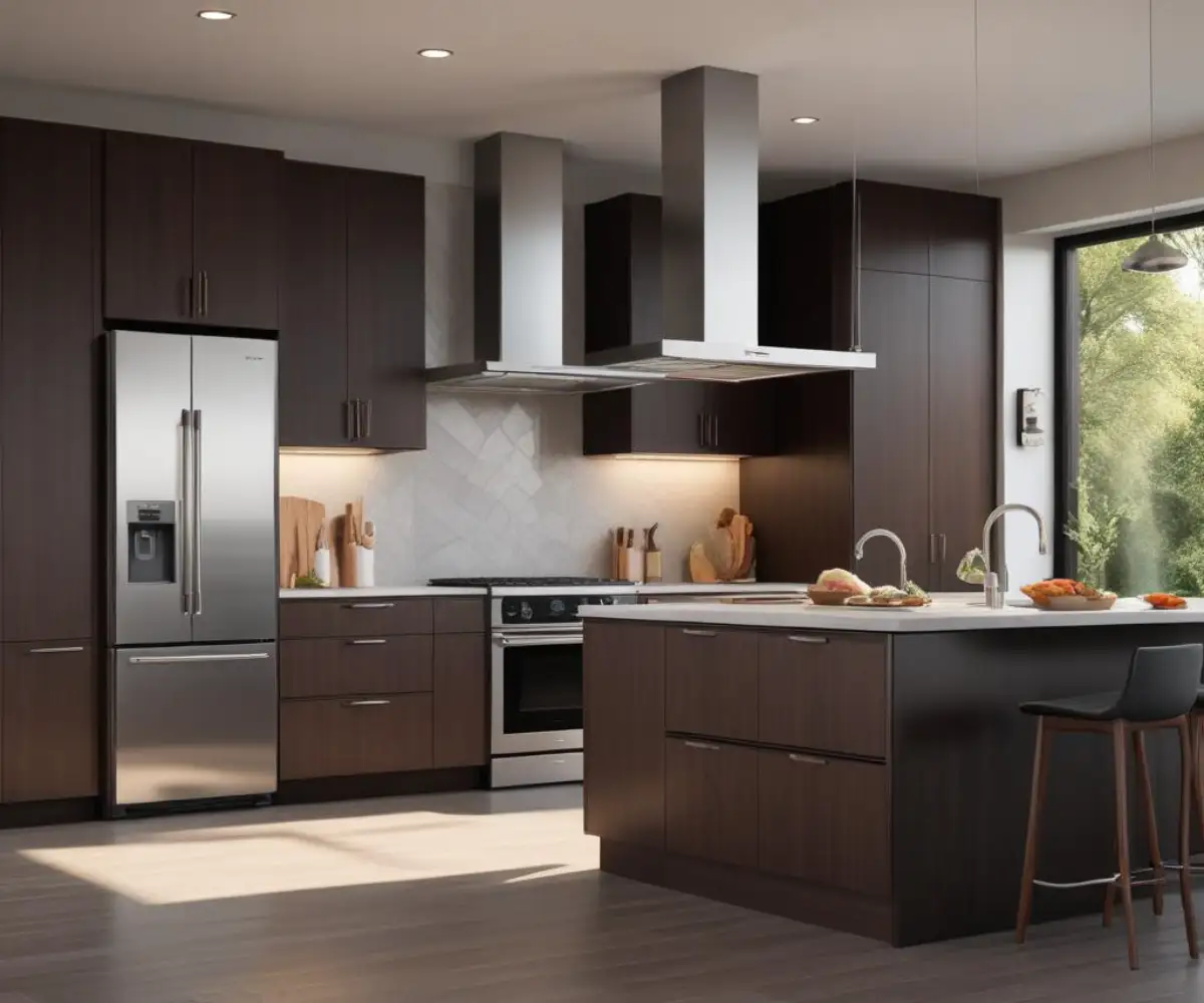 A sleek, modern kitchen with integrated stainless steel Bosch Benchmark and 800 series appliances set into dark wood cabinetry.