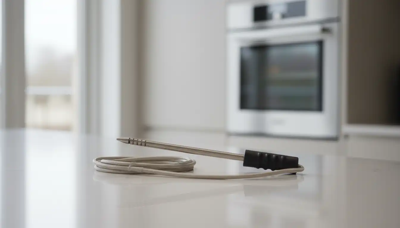 A stainless steel oven temperature probe with a braided metal cord on a clean countertop.