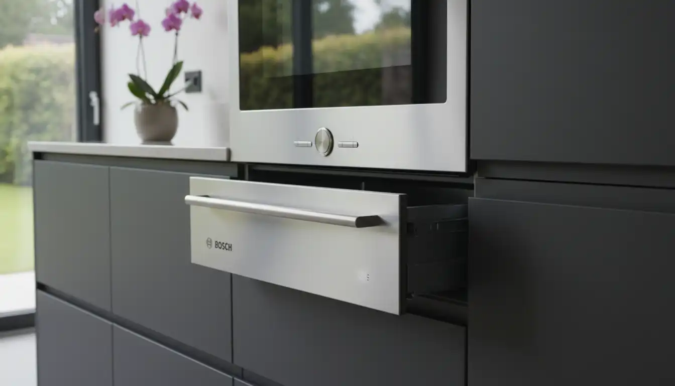 A stainless steel Bosch warming drawer built into a modern kitchen cabinet.