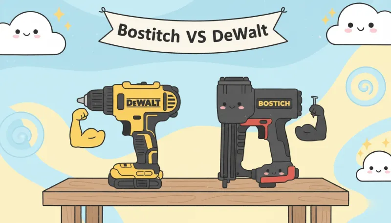 A yellow and black DeWalt power drill next to a black and red Bostitch pneumatic nail gun on a wooden workbench.