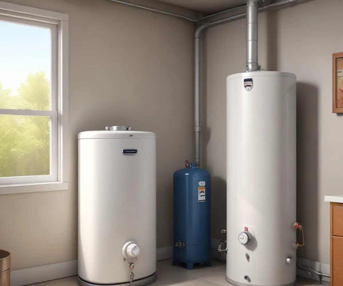 A white residential gas tank water heater next to a similar electric tank water heater inside a basement utility closet.