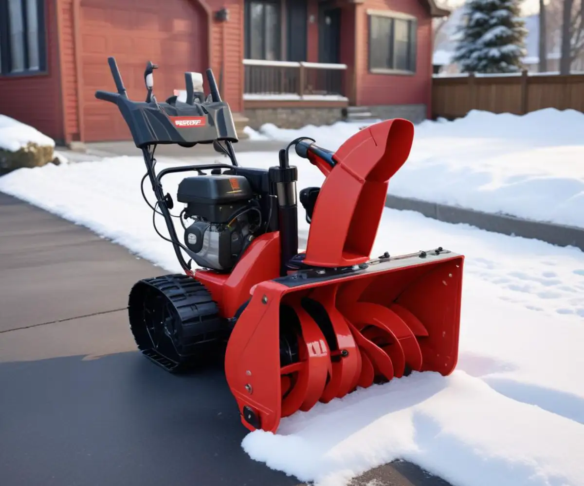 A brand new red and black two-stage snow blower sitting on a clean, paved driveway.