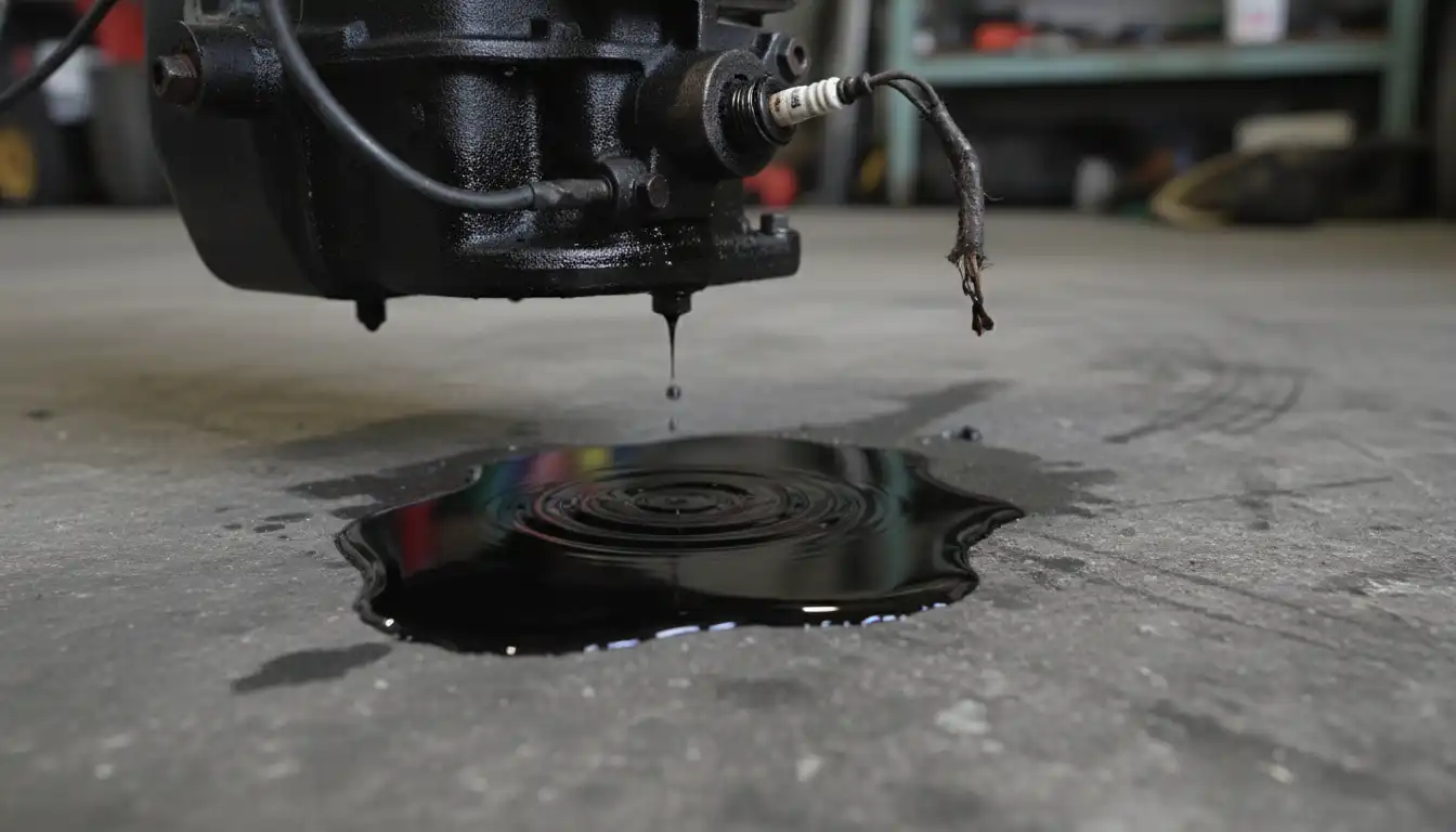 A dark puddle of motor oil on a gray concrete floor beneath a small engine.