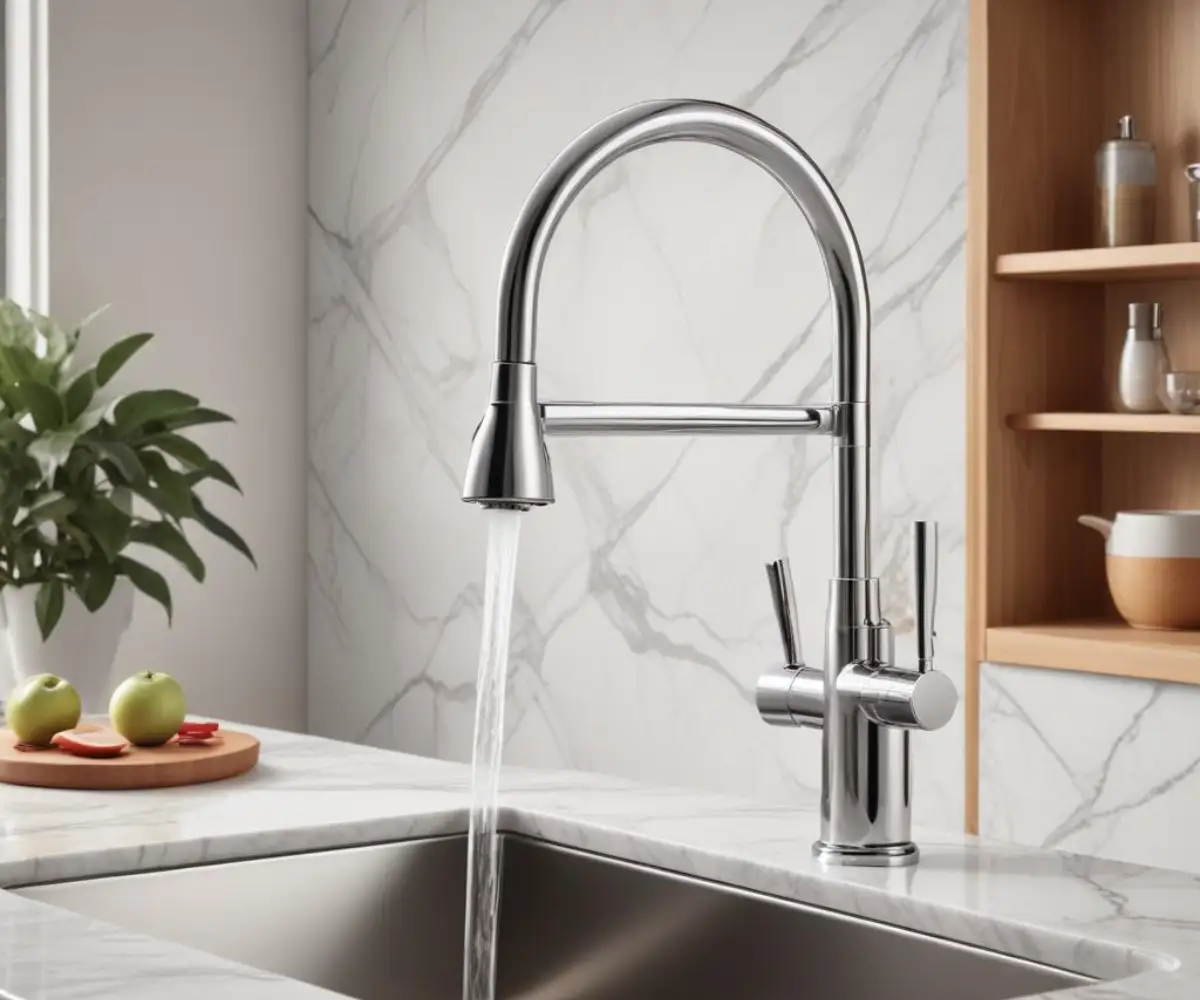 A sleek, chrome Brizo smart touch kitchen faucet installed on a white marble countertop next to a stainless steel sink.