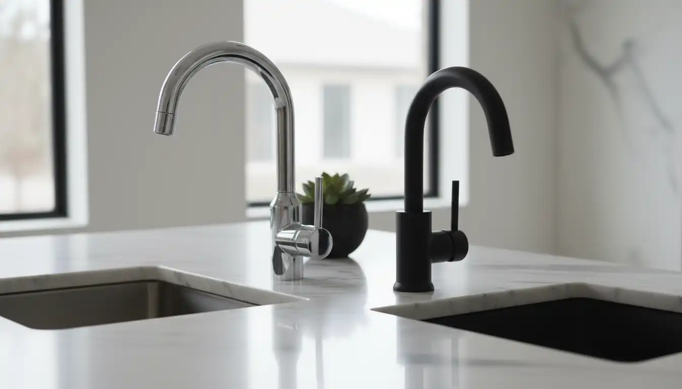 A sleek, chrome Brizo kitchen faucet next to a modern, matte black Delta bathroom faucet on a marble countertop.