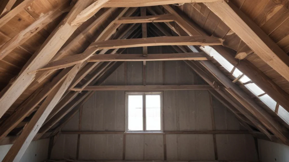 A splintered and sagging wooden roof truss in a dusty, unfinished attic.