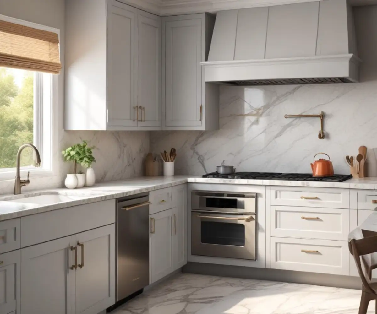 A modern kitchen with elegant, light-gray Brookhaven shaker-style cabinets and a marble countertop.