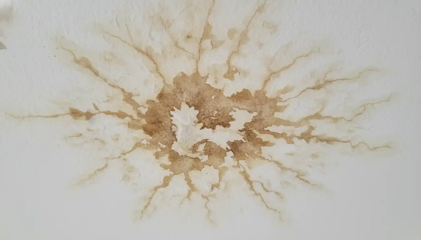 A close-up of a water-damaged ceiling showing brown stains and discoloration on the white drywall.