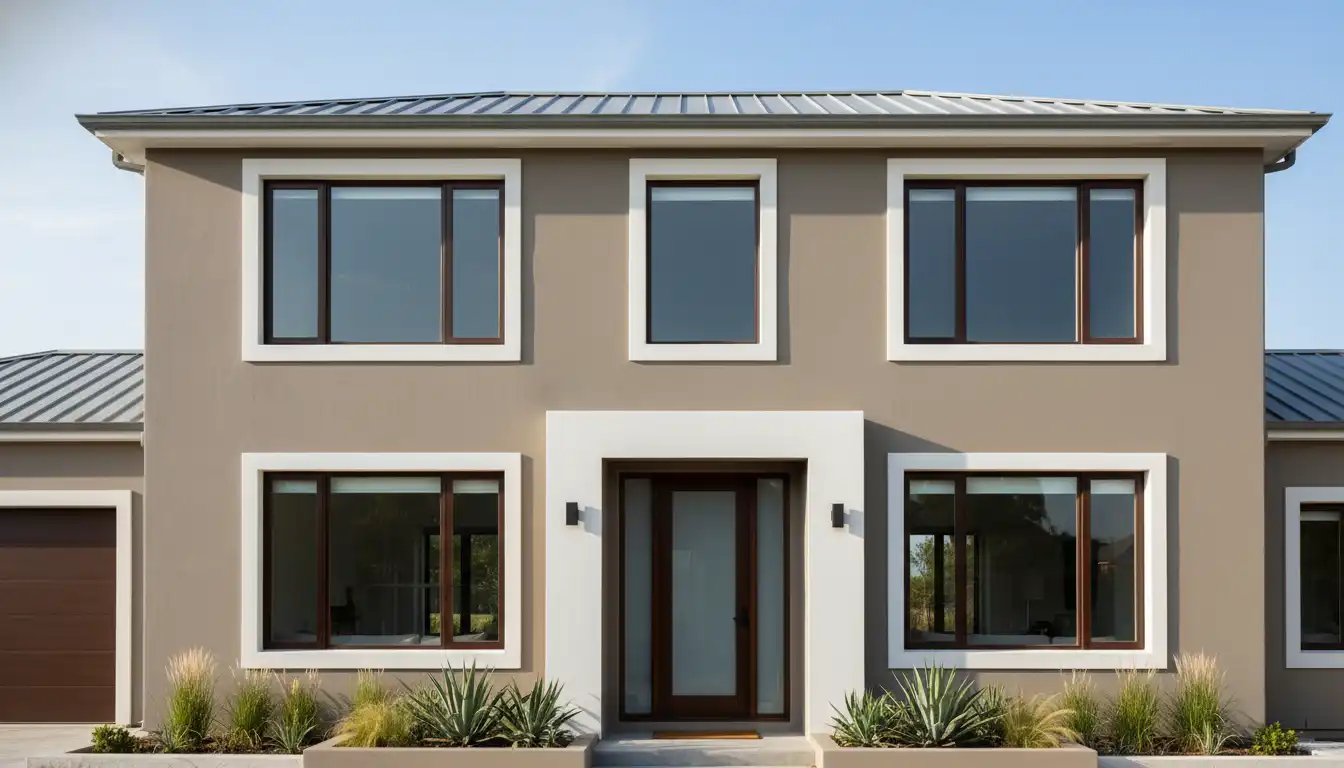 Exterior view of a house featuring dark brown window frames contrasted with clean, white trim on a neutral-colored wall.