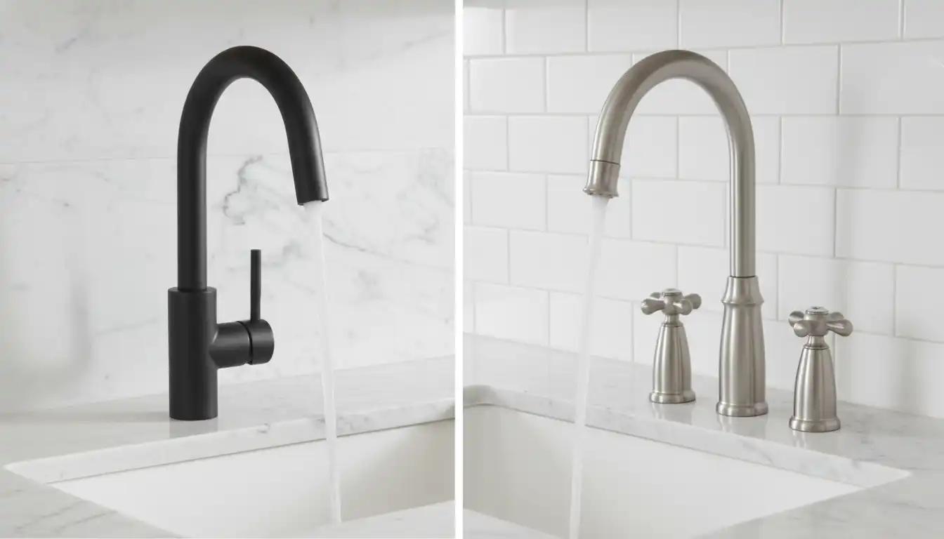 Side-by-side view of a sleek, modern matte black faucet and a classic, soft-textured brushed nickel faucet on a white marble countertop.