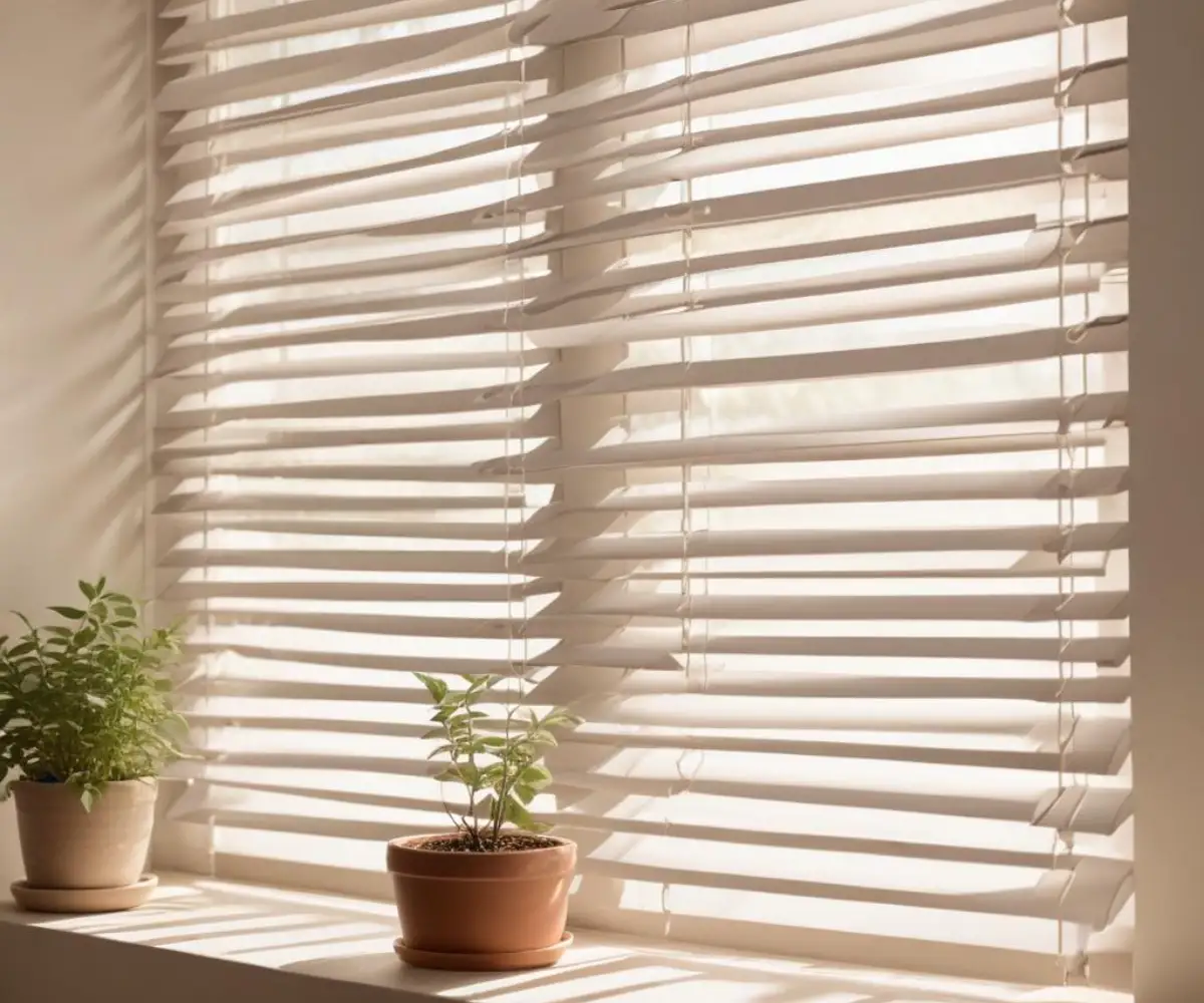 Sunlight streaming through white horizontal blinds on a large window.