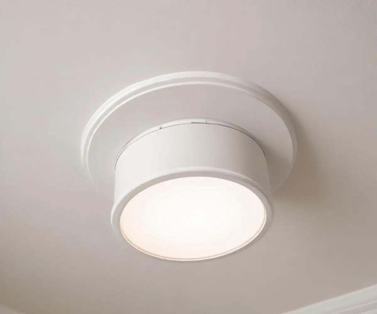 A close-up of a white recessed light fixture installed in a textured white ceiling, with small gaps visible around the trim.