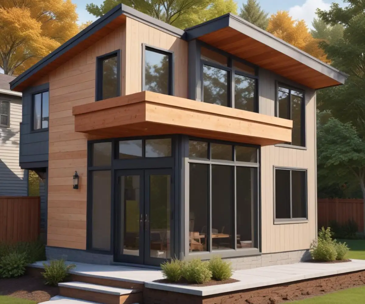 Exterior view of a cantilevered window bump-out addition with siding and a small shed roof on a residential house.