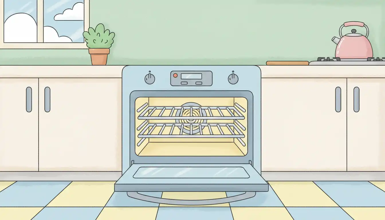 Open oven door revealing clean stainless steel racks inside a kitchen setting.