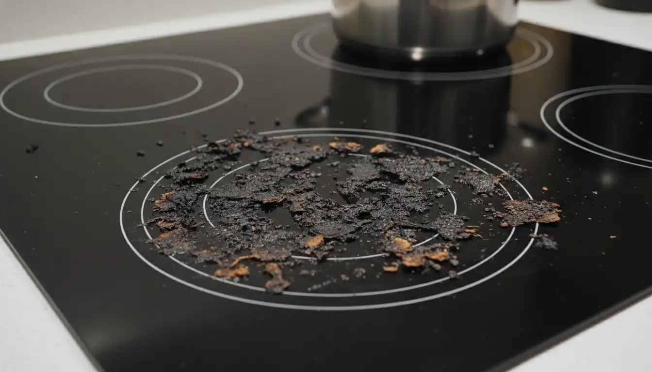 A dark, glossy ceramic induction cooktop with white circular markings showing caked-on, burnt residue.