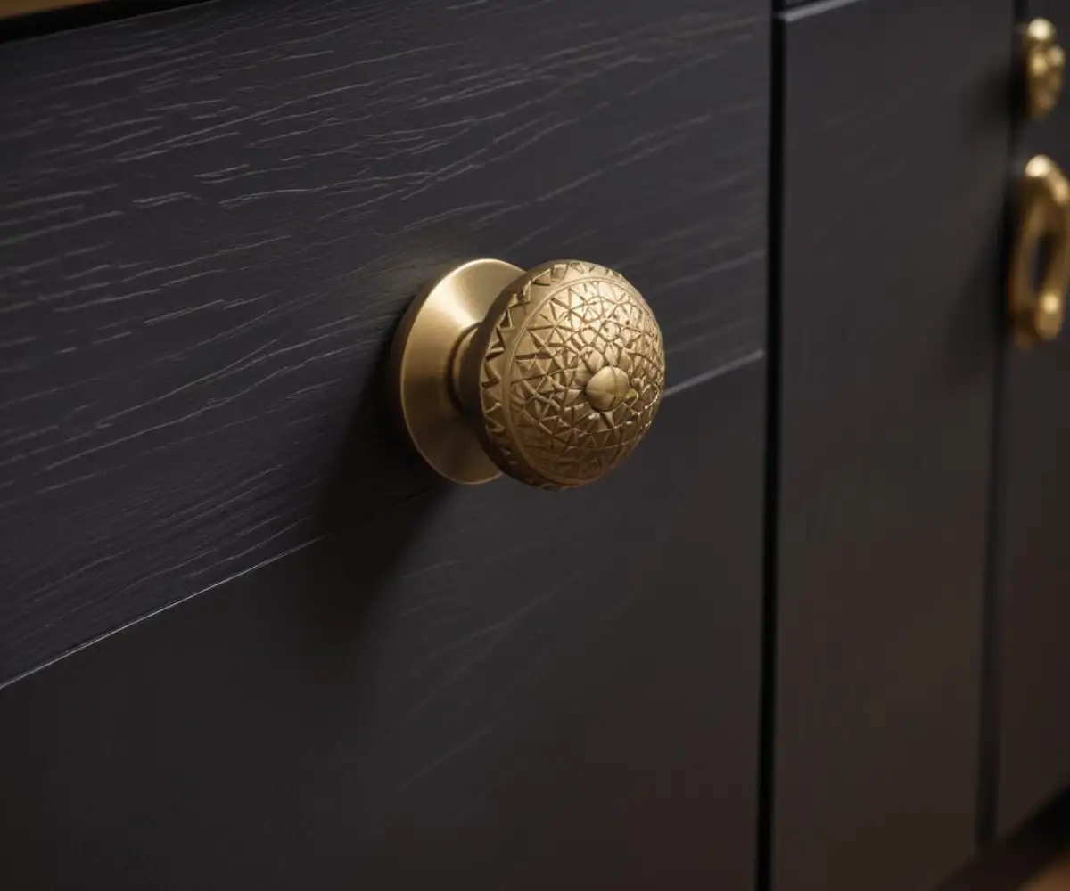 A close-up of a textured, brass, knurled cabinet knob against a dark, modern kitchen cabinet.