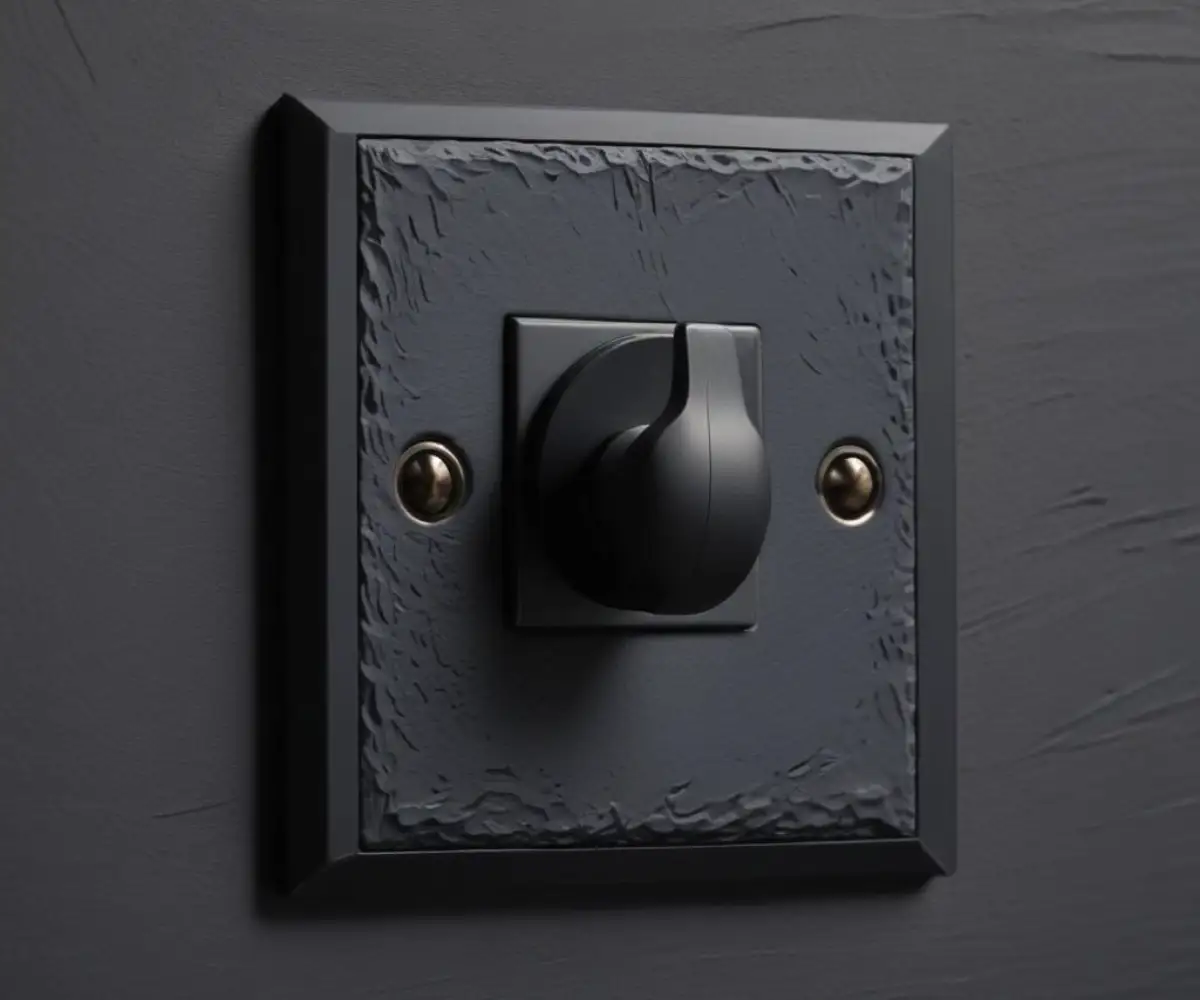 A close-up of a matte black, knurled-textured light switch and a matching cabinet pull handle, both mounted on a dark gray, textured wall.