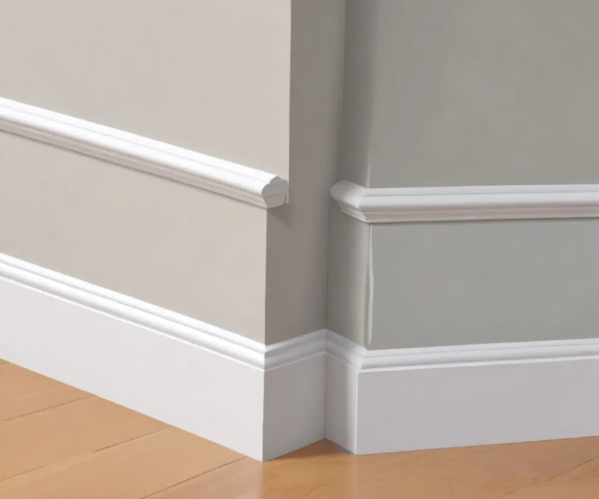 A close-up of two pieces of white, flat-profile baseboard molding connected end-to-end with a butt joint against a light gray wall.
