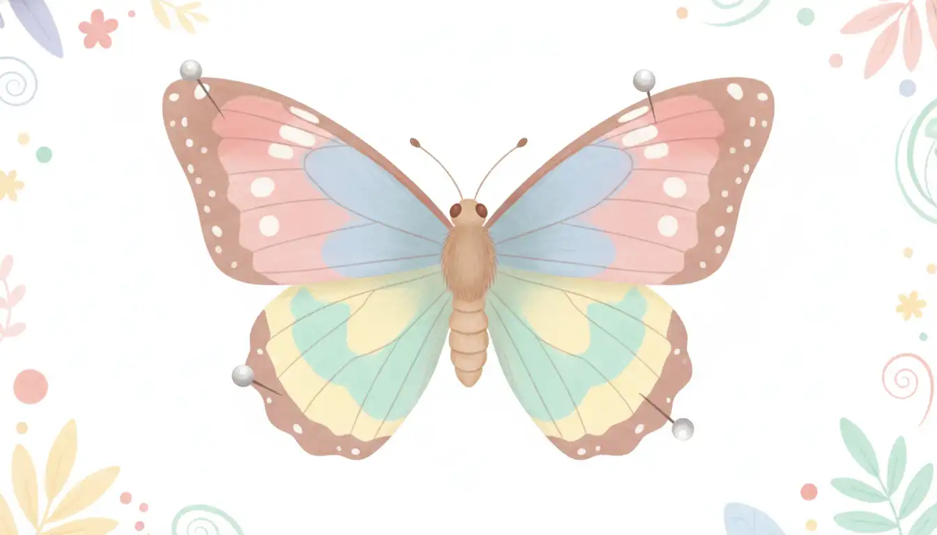 A preserved butterfly with wings spread flat against a white background, held in place by small pins.