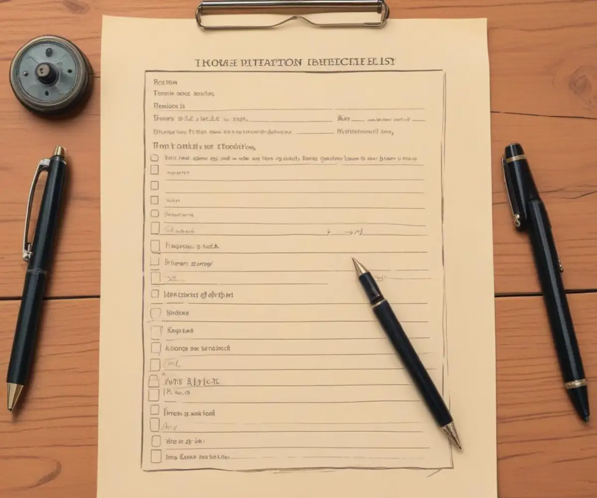 A home inspection checklist and a pen resting on a wooden surface, symbolizing the negotiation of repairs.