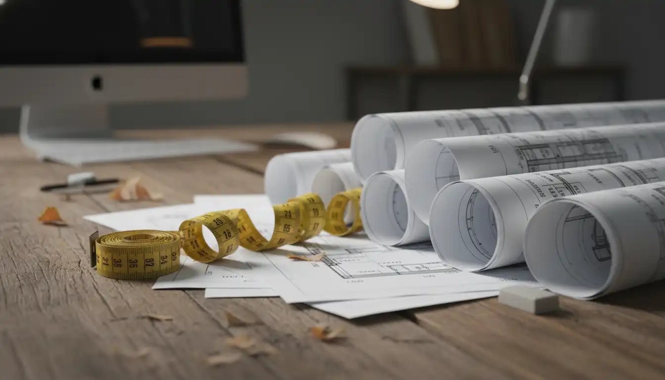 A yellow tape measure partially unrolled on top of a stack of architectural blueprints on a wooden desk.