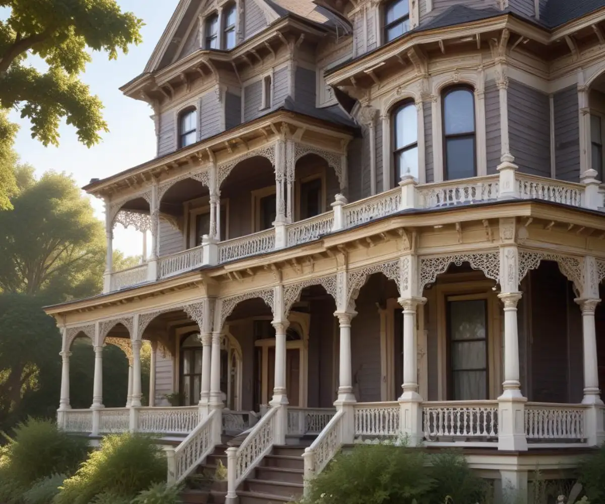 Exterior facade of a restored 19th-century Victorian house with a large porch and intricate wooden trim.