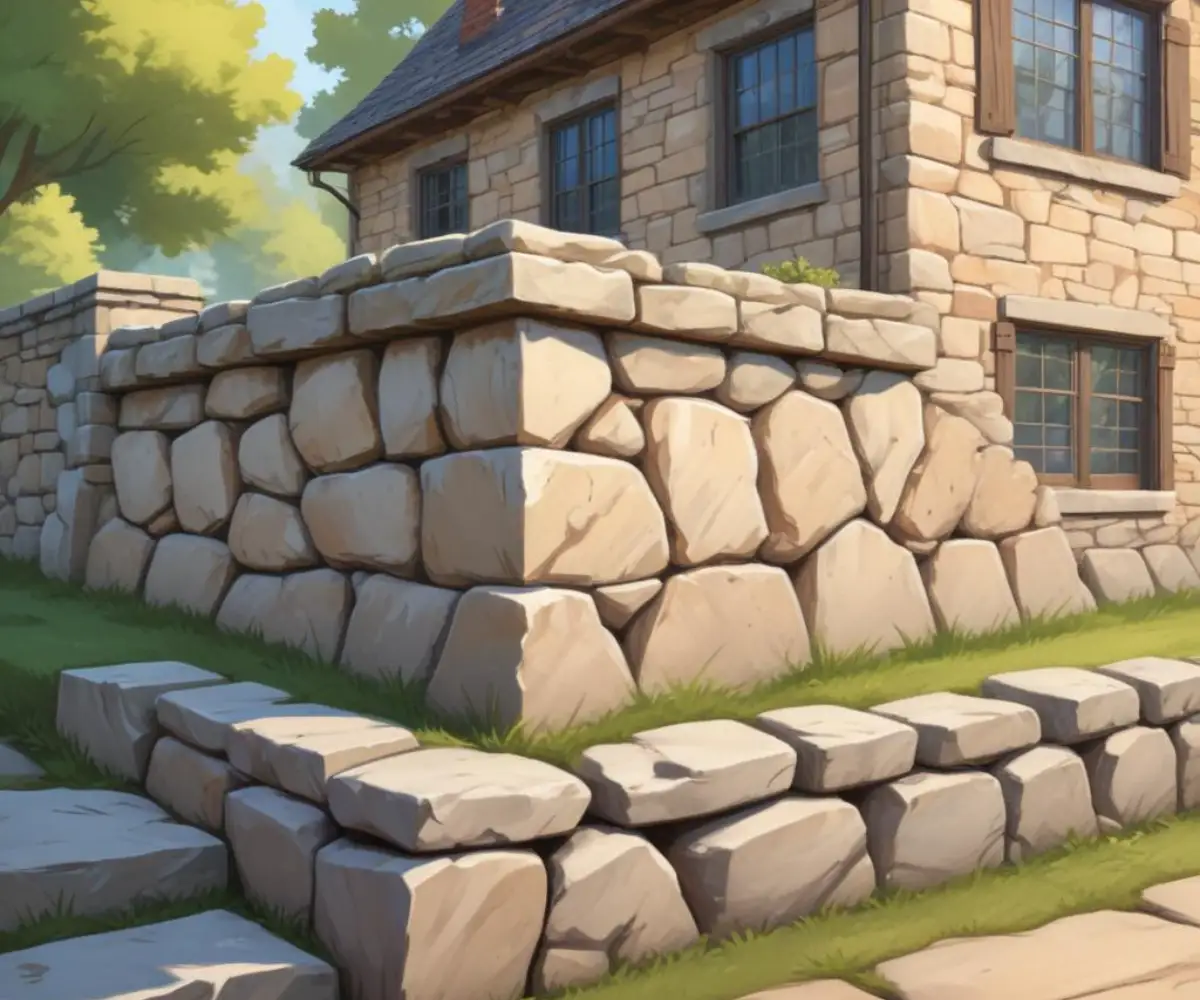 Exterior corner of a historic house showing a rough-cut stone foundation with weathered mortar.