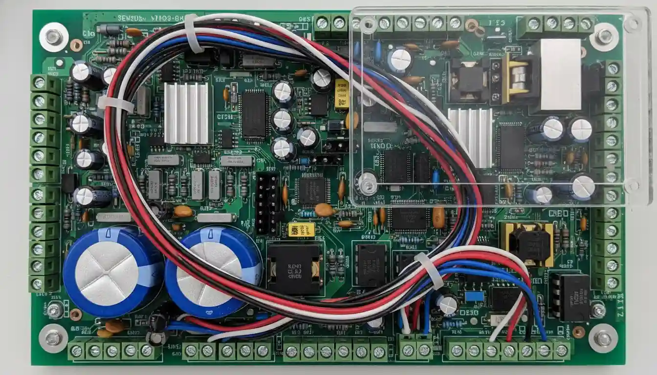Close-up view of a green spa controller circuit board with various electronic components and wiring.