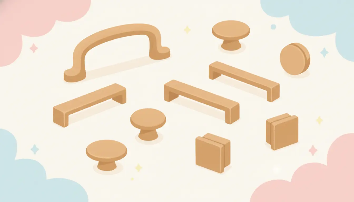 An assortment of champagne bronze cabinet pulls and knobs in various styles on a plain surface.