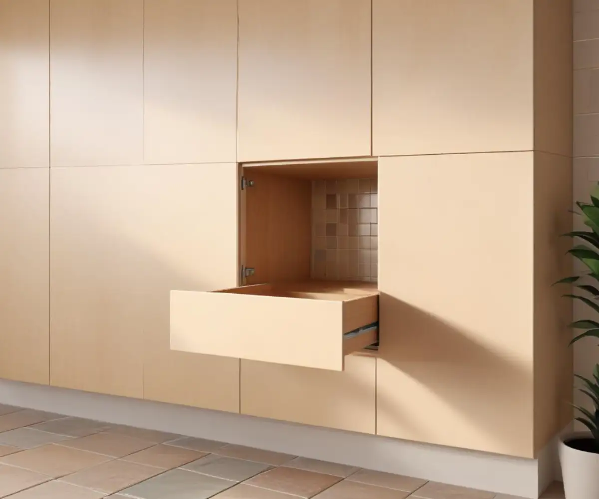 An upper kitchen cabinet pulling away from a tiled wall, showing a visible gap between the back of the cabinet and the wall.