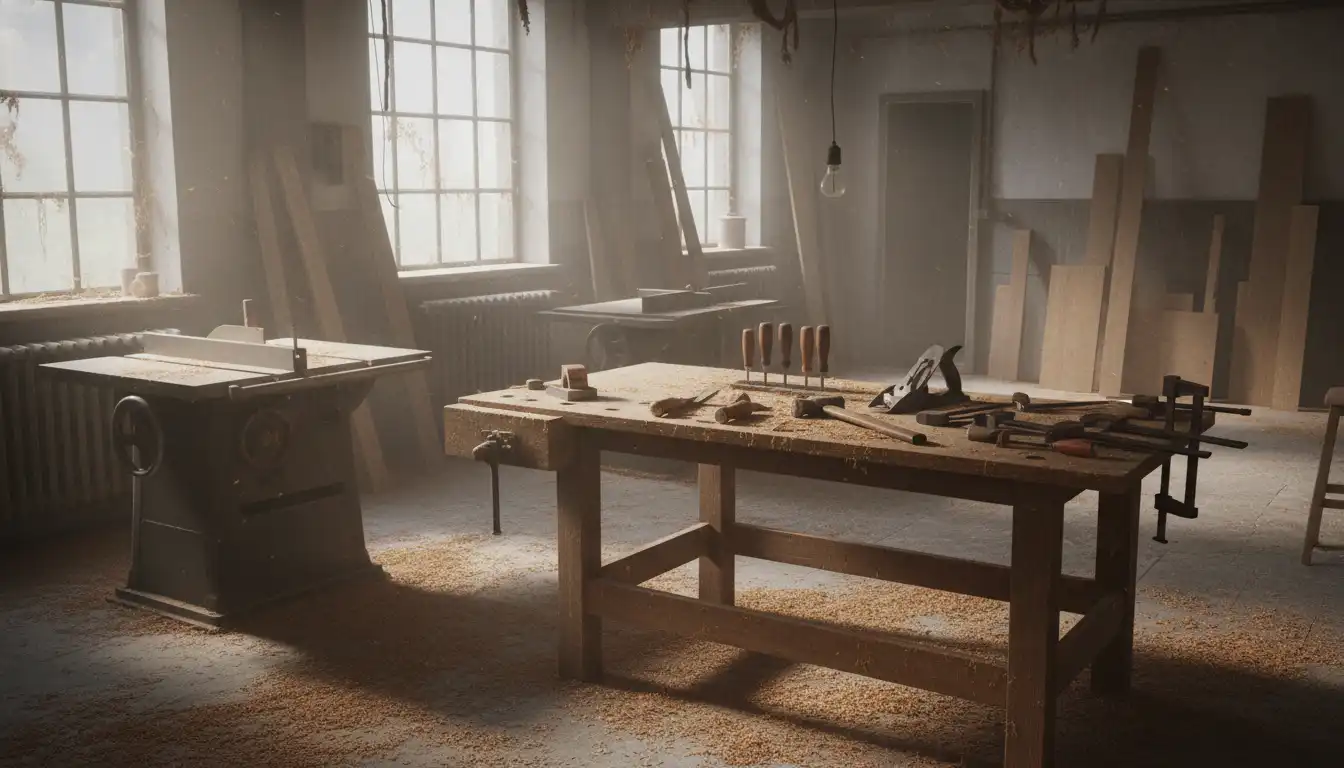 An empty and dusty woodworking shop with tools resting on a workbench and sawdust covering the floor.