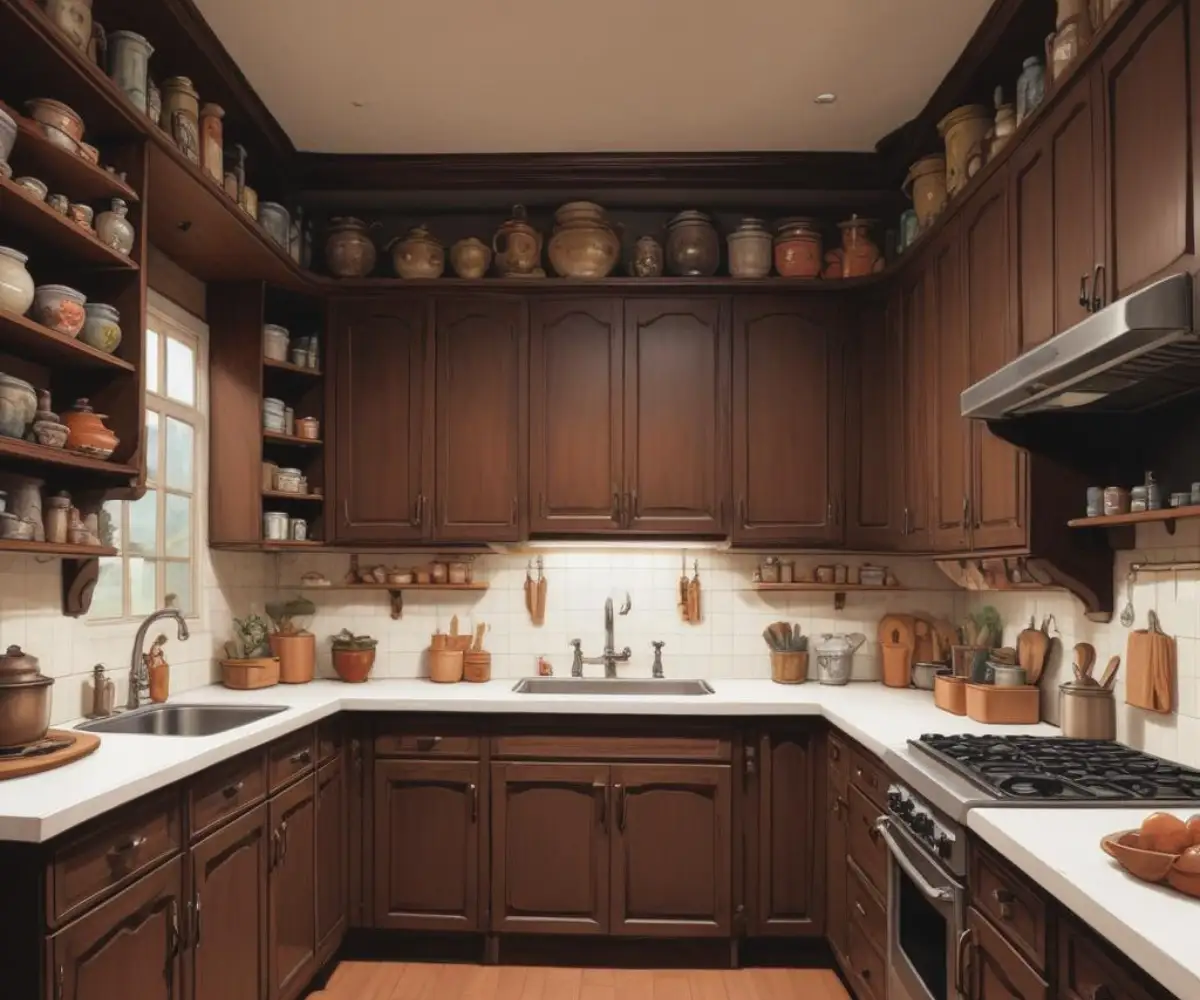 A noticeable gap between the top of dark brown kitchen cabinets and a white ceiling.