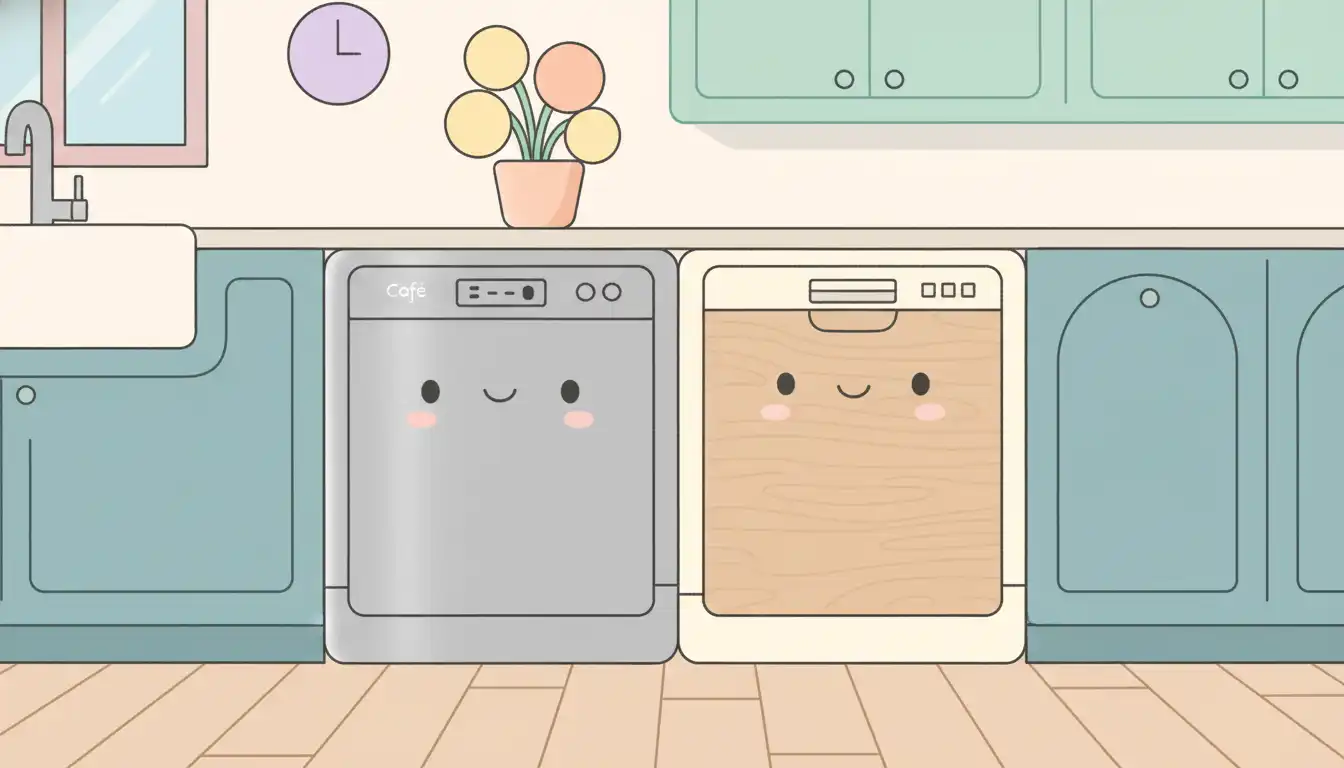 A stainless steel Café dishwasher placed next to a panel-ready Bosch dishwasher in a modern kitchen.