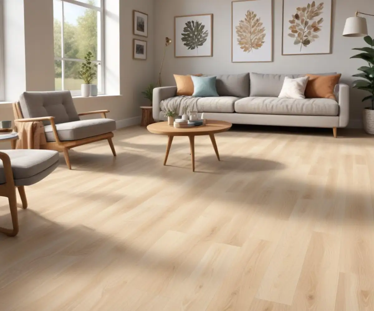 Light-colored oak luxury vinyl plank flooring with realistic wood grain texture installed in a well-lit, modern living room.