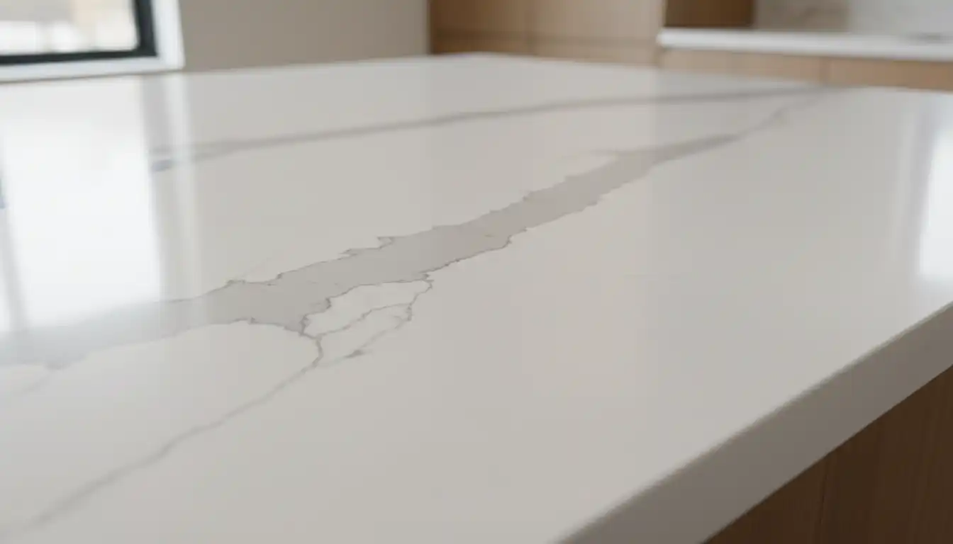 A close-up of a white and gray veined quartz countertop with a smooth, polished finish.