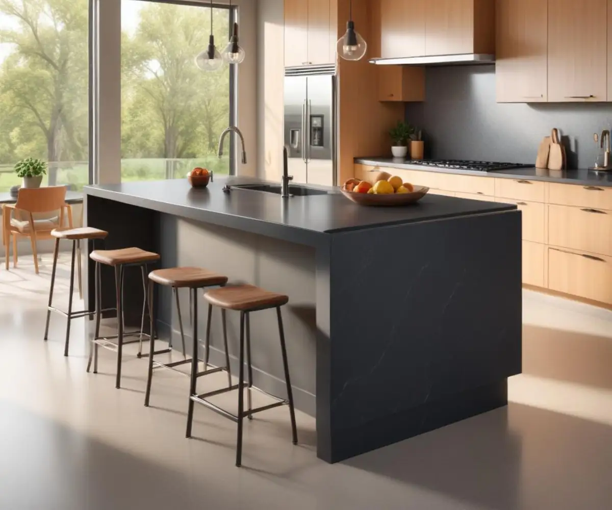 A modern kitchen island with a charcoal gray quartz countertop in a smooth, non-reflective matte finish.