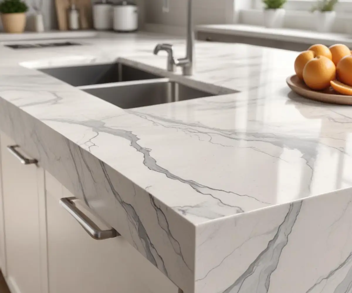 A close-up shot of two different white quartz countertop samples, one with creamy tones and subtle gray veining and the other with a cooler white base and distinct charcoal patterns.