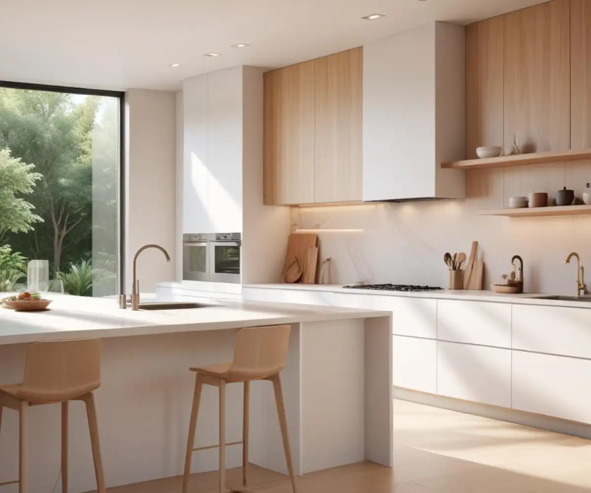 A modern, minimalist kitchen featuring a long, white waterfall-edge island that extends beyond the line of the main wall cabinets.